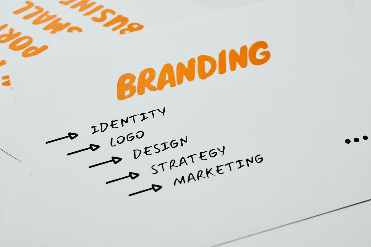 heros-img Close-up of a paper with branding, identity, design, strategy, and marketing concepts in orange and black.